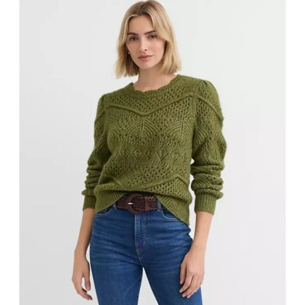 LOFT Deep Woods Green Scalloped Pointelle Puff Sleeve Sweater
